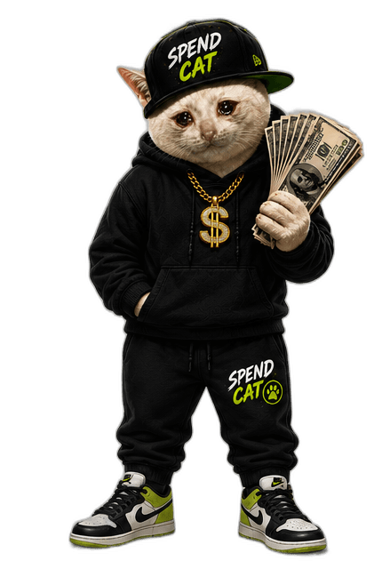 Spend Cat in a black hoodie and cap, fanning out cash