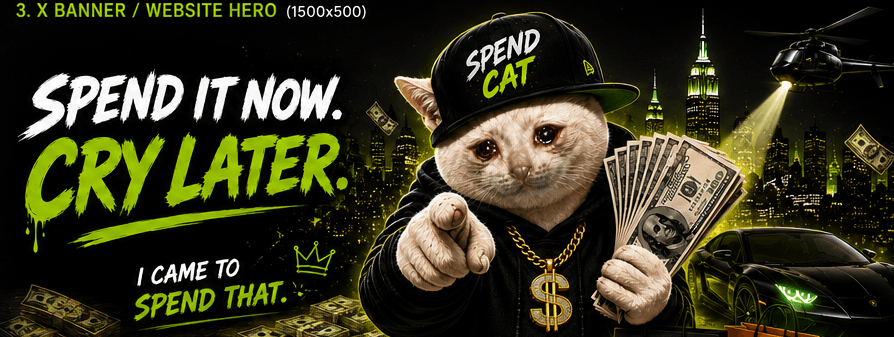 Spend Cat pointing at the camera in a New York City skyline, holding a fan of cash